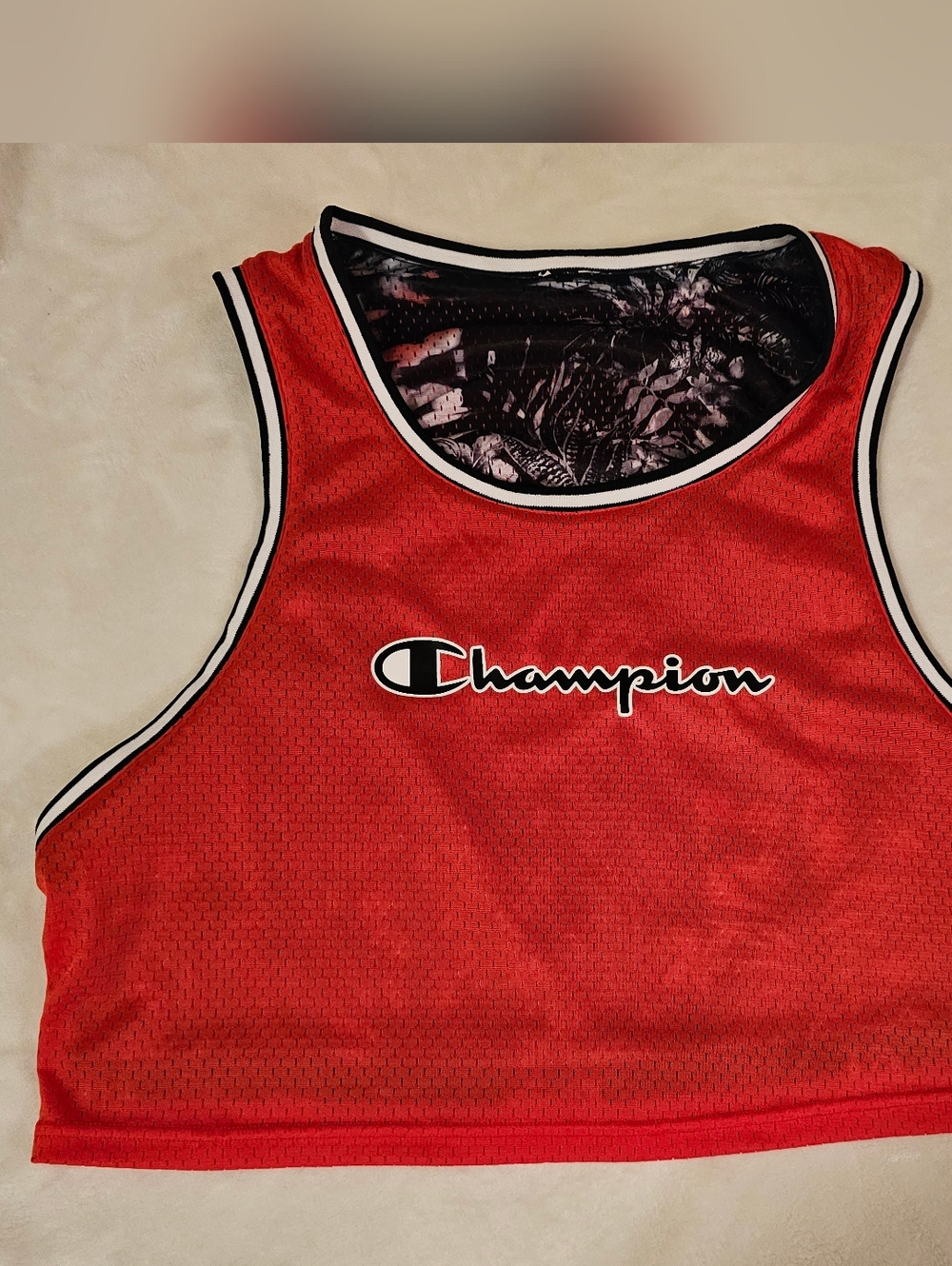 Champion Reversible Crop Top Jersey Red Mesh / Black Floral Athletic Tank